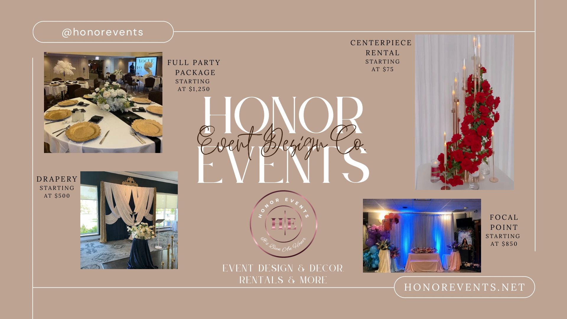 Honor Events service offerings — Full Party Package, Centerpiece Rental, Drapery, Focal Point