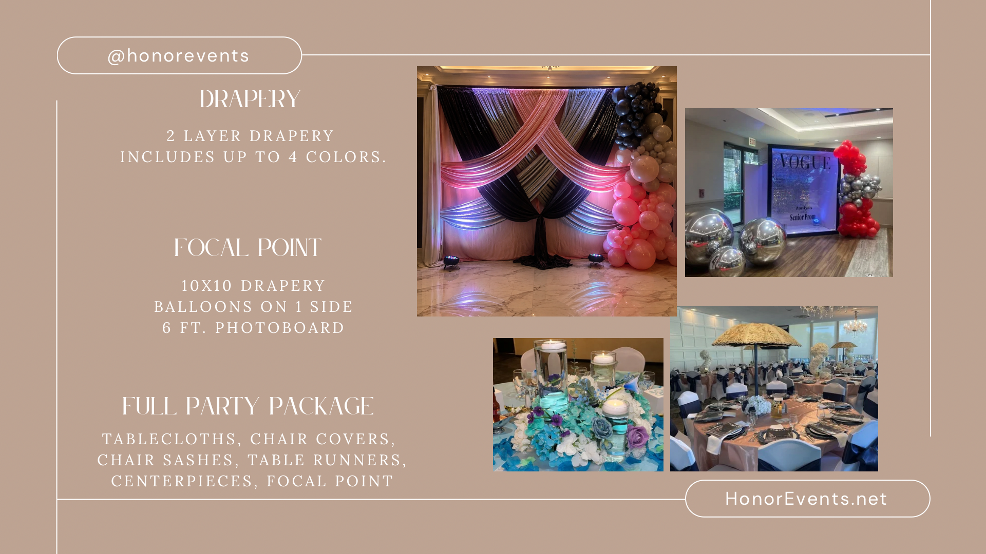 Honor Events — Drapery, Focal Point, and Full Party Package details