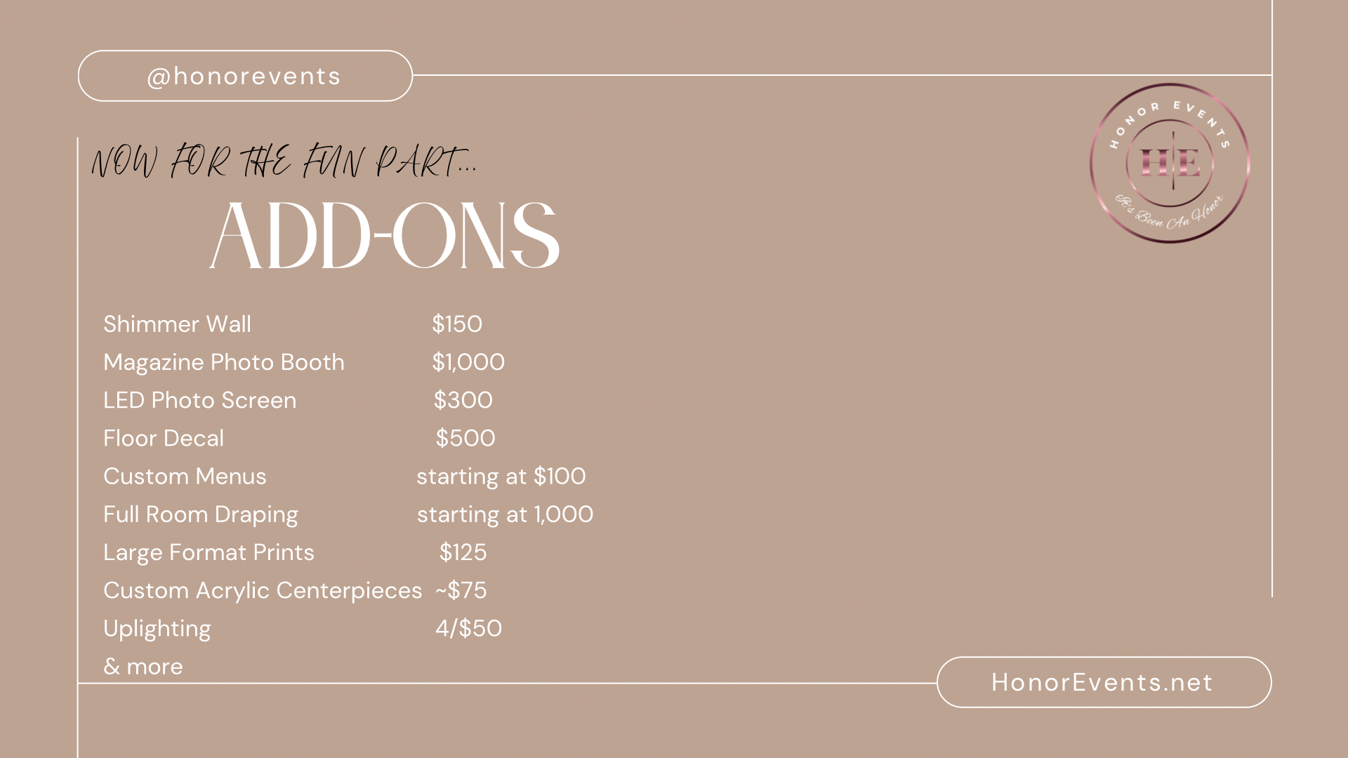 Honor Events add-ons — Shimmer Wall, Photo Booth, LED Screen, and more
